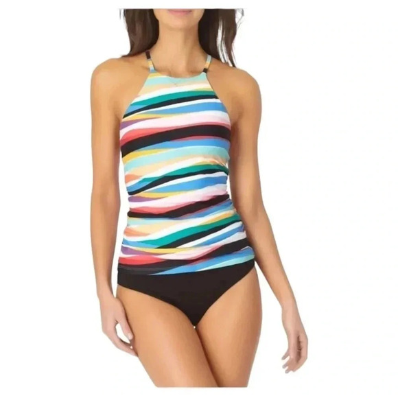 Anne Cole Womens XS Wavy Stripe Halter Tankini Swim Top - Picture 2 of 14